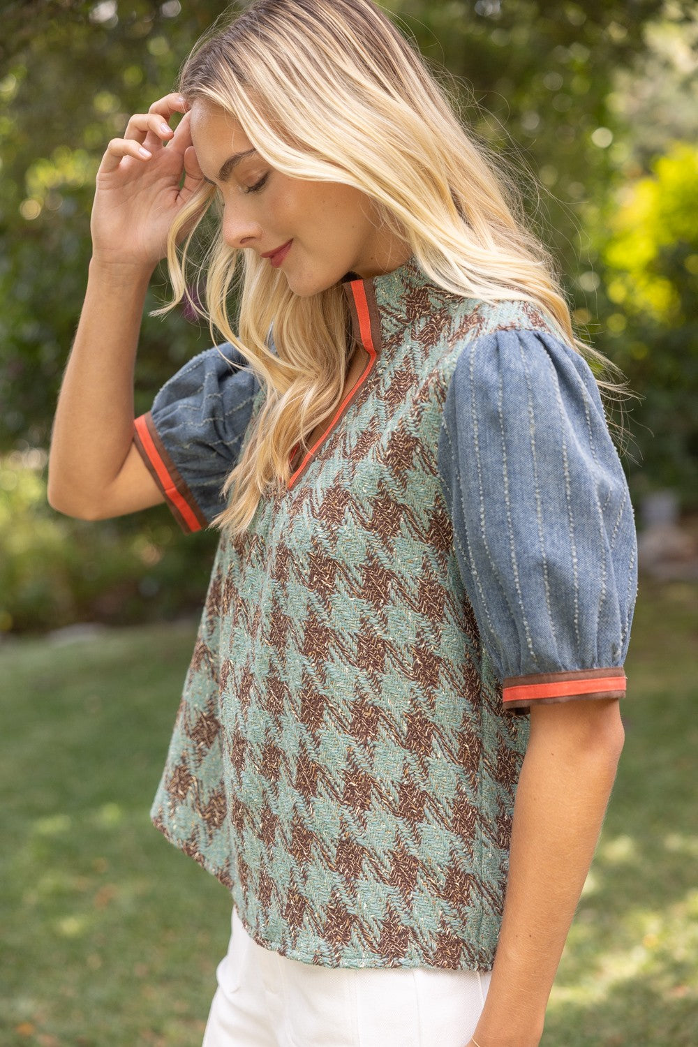 Houndstooth Tweed Top - Sage