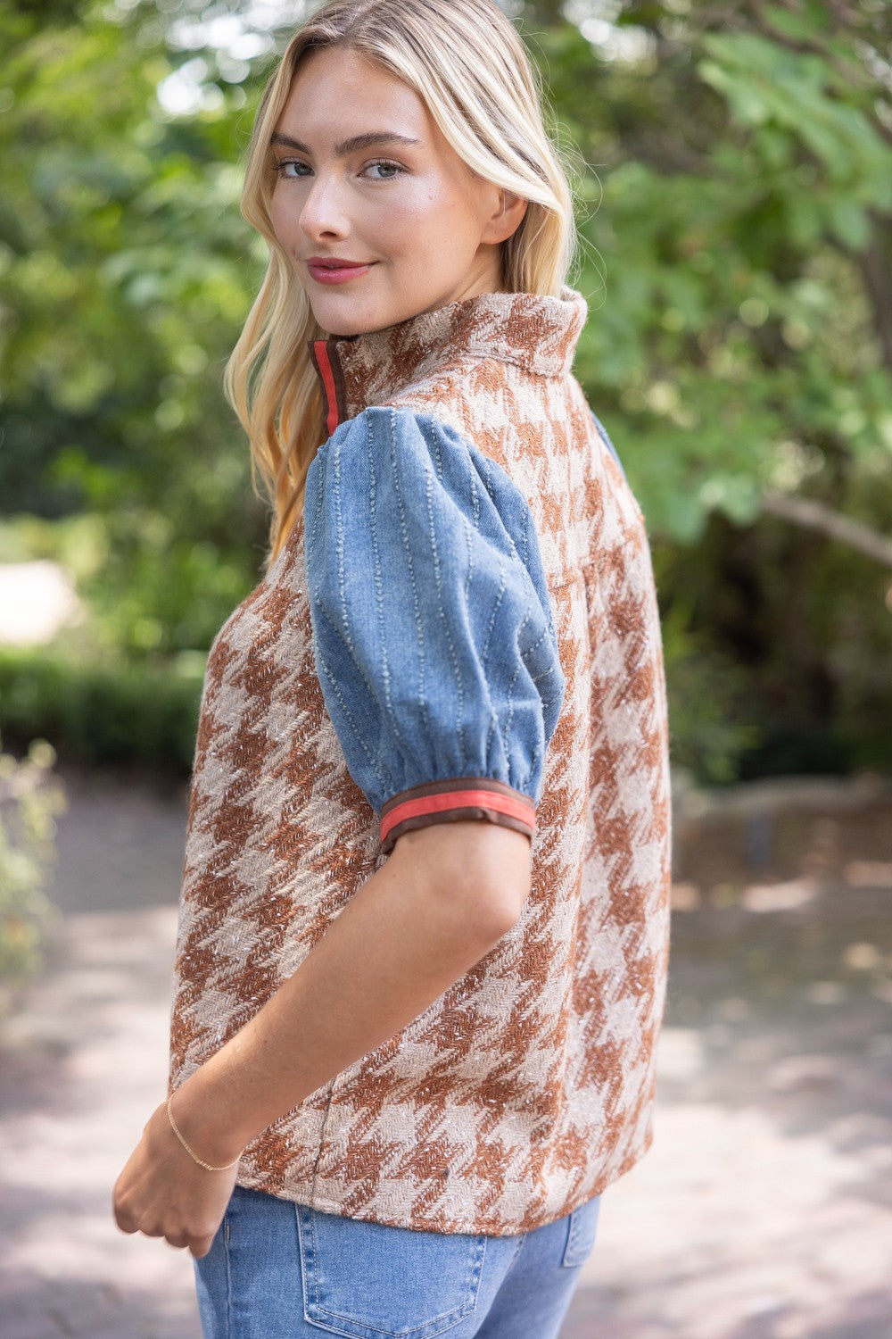 Houndstooth Tweed Top - Brown