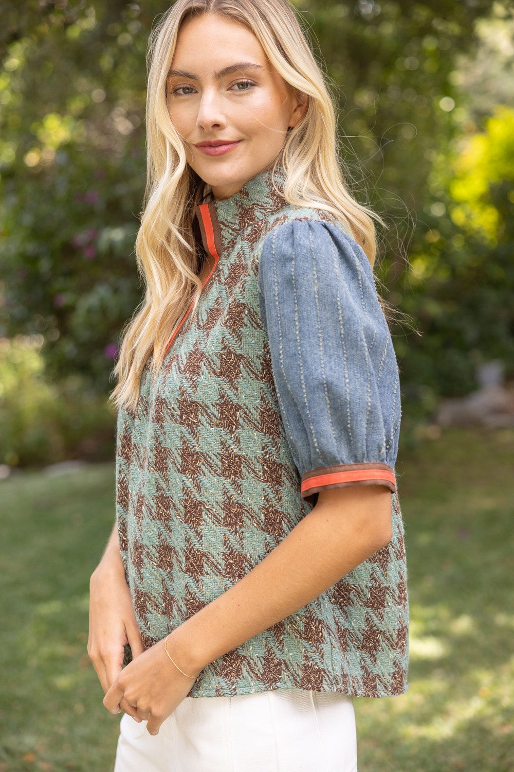 Houndstooth Tweed Top - Sage