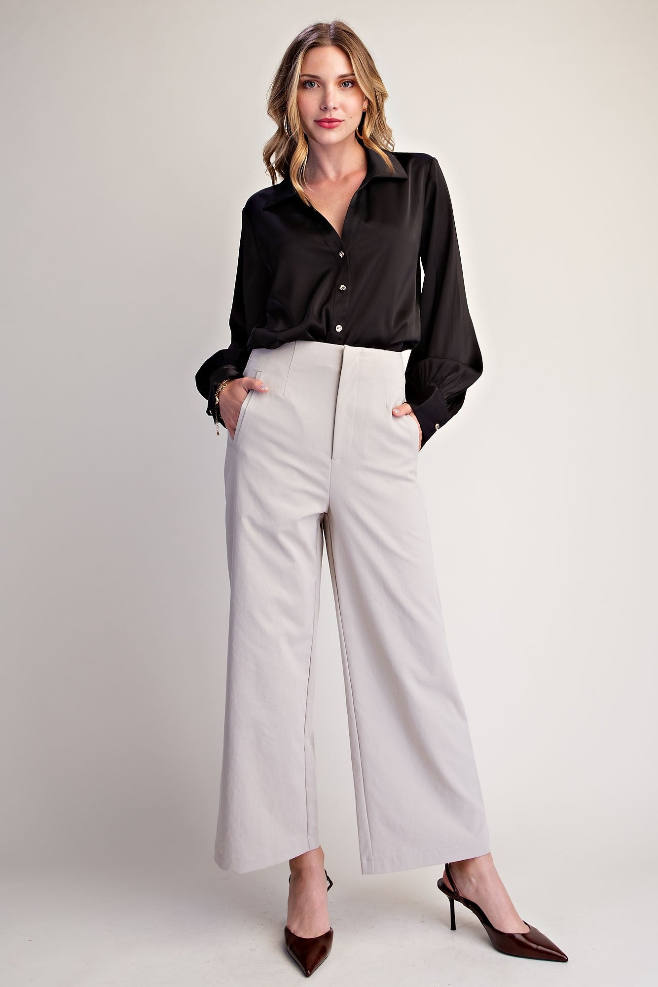 High Waist Wide Leg Pants - Beige
