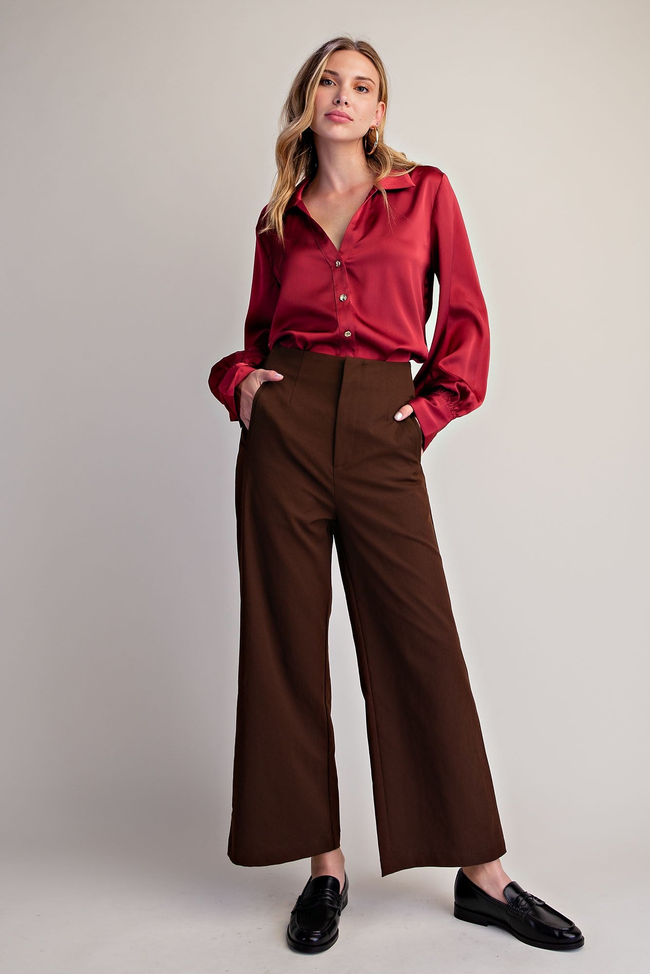 High Waist Wide Leg Pants - Brown