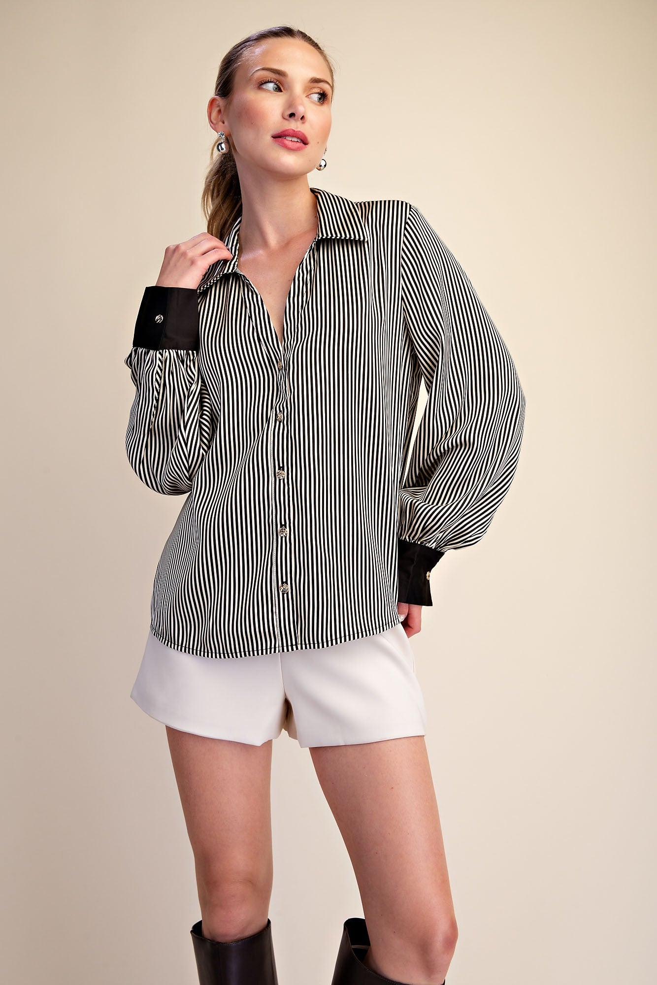 Black Stripe Button Down Top