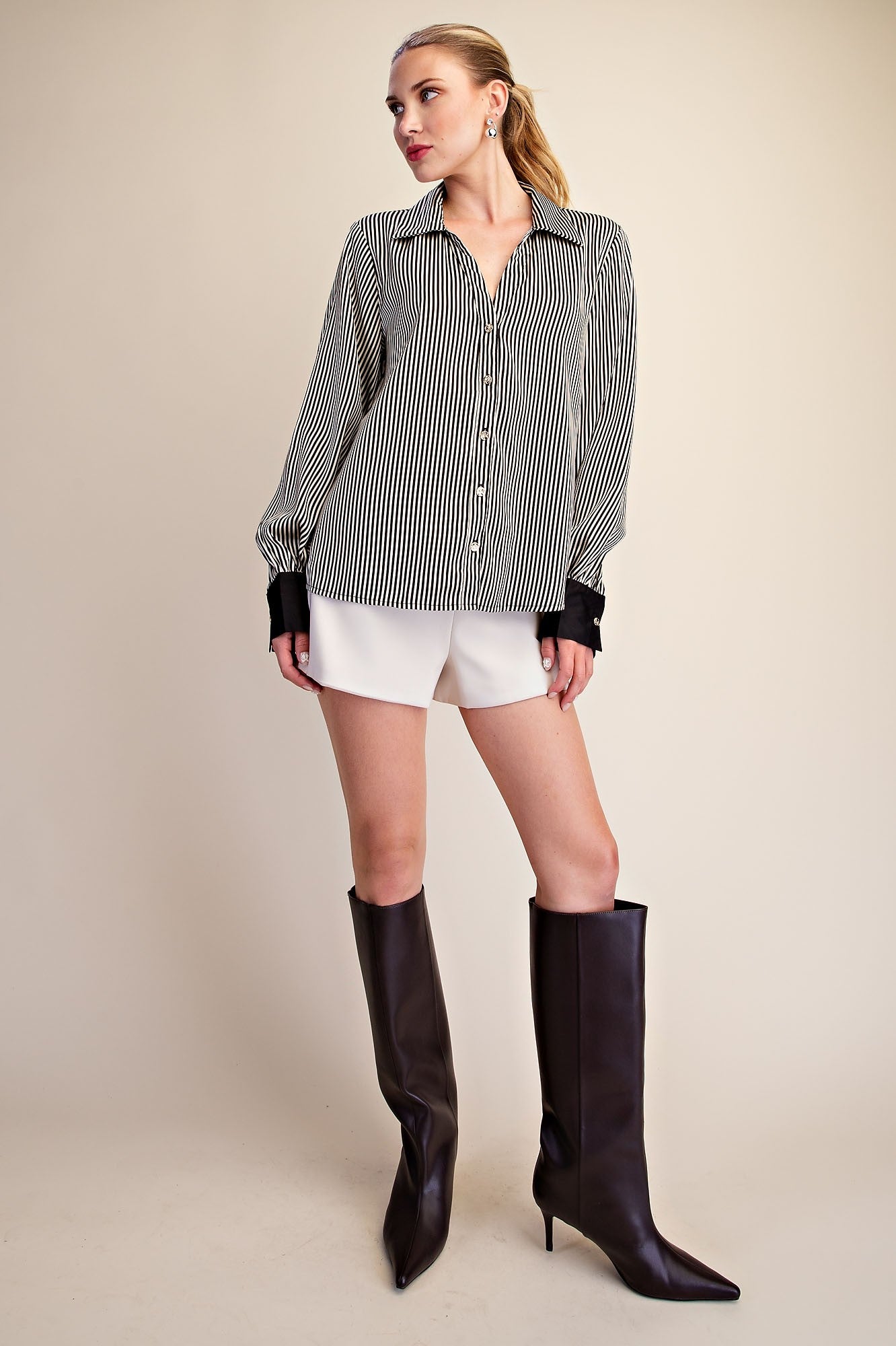 Black Stripe Button Down Top