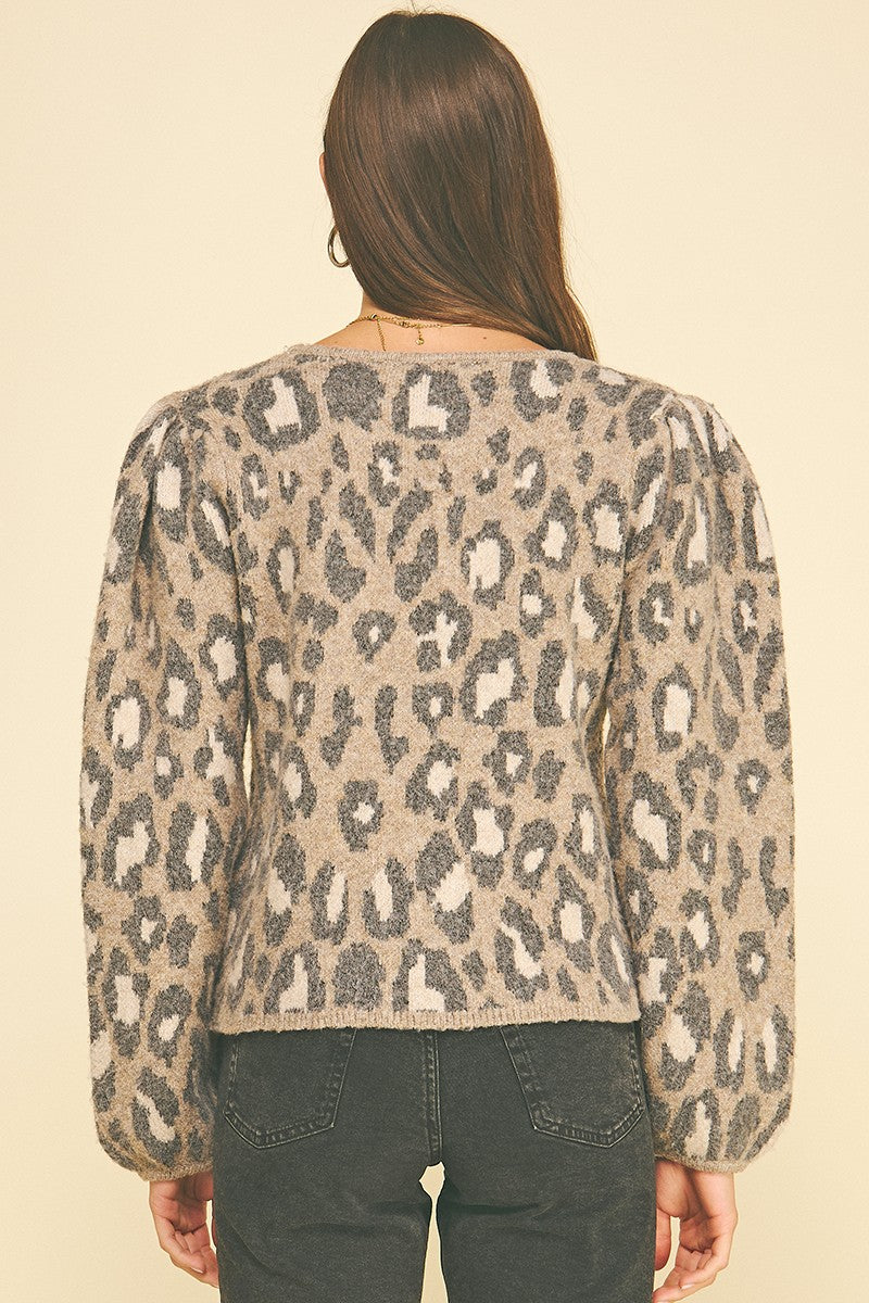 Leopard Puffed Sleeve Knit Sweater