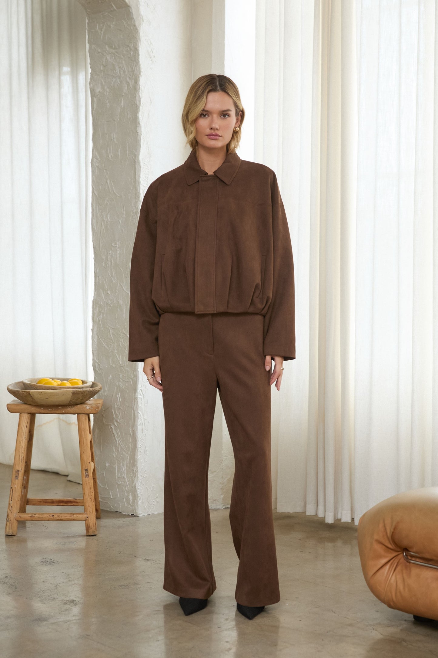 Faux Suede Bubble Hem Jacket - Chocolate