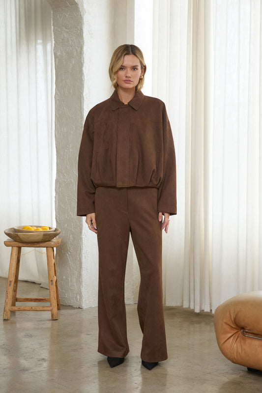 Faux Suede Bubble Hem Jacket - Chocolate