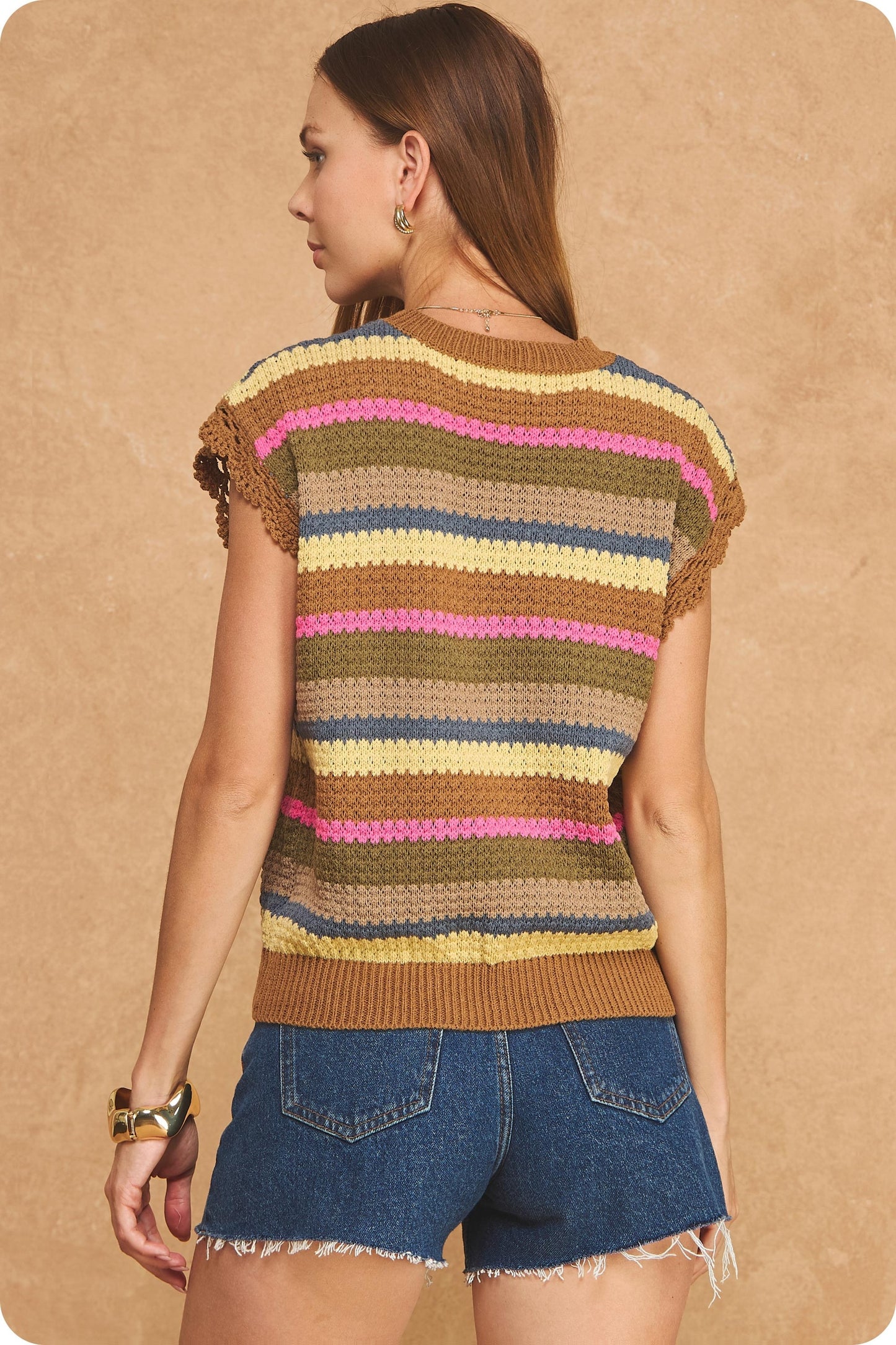 Striped Sleeveless Knit Sweater With Pompom Trim