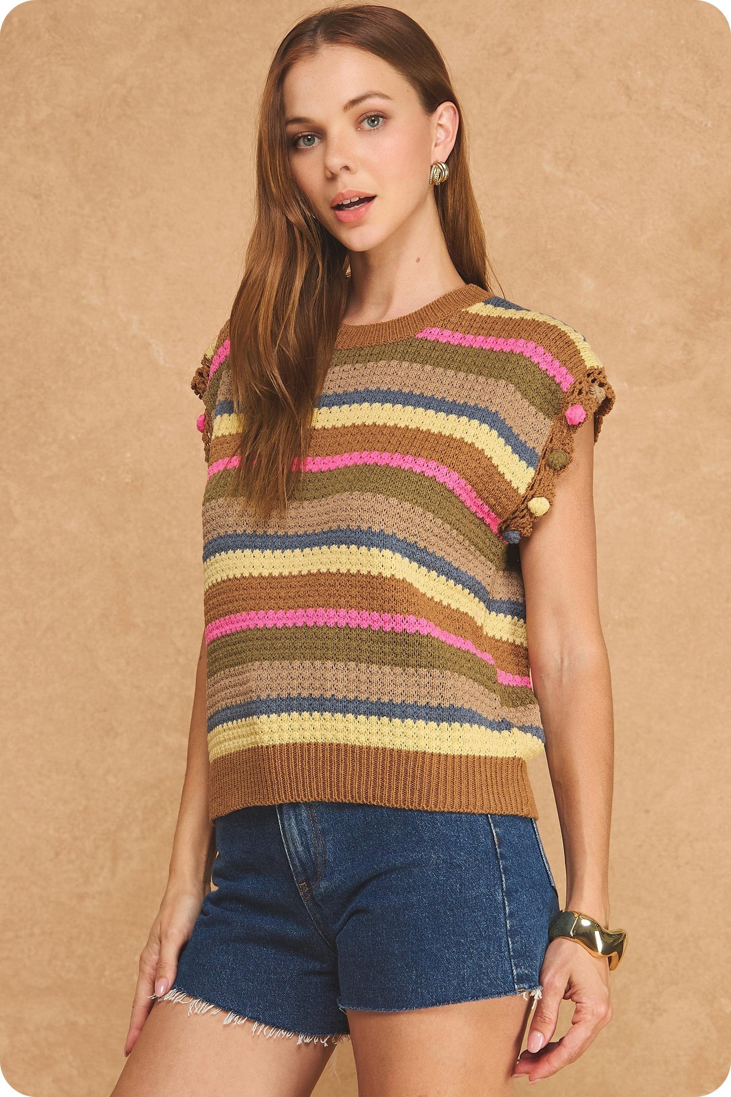 Striped Sleeveless Knit Sweater With Pompom Trim