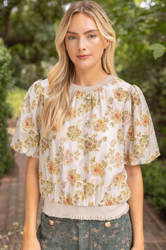 Ribbed Knit Band Embroidered Floral Top
