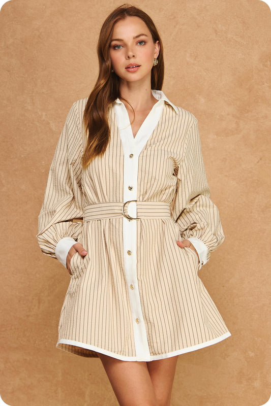Contrast Belted Long Sleeve Shirt Mini Dress