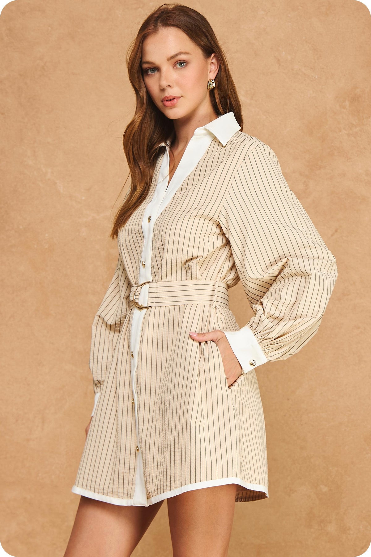Contrast Belted Long Sleeve Shirt Mini Dress