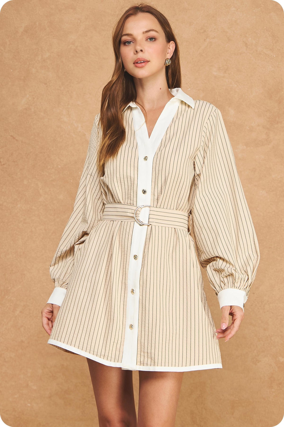 Contrast Belted Long Sleeve Shirt Mini Dress