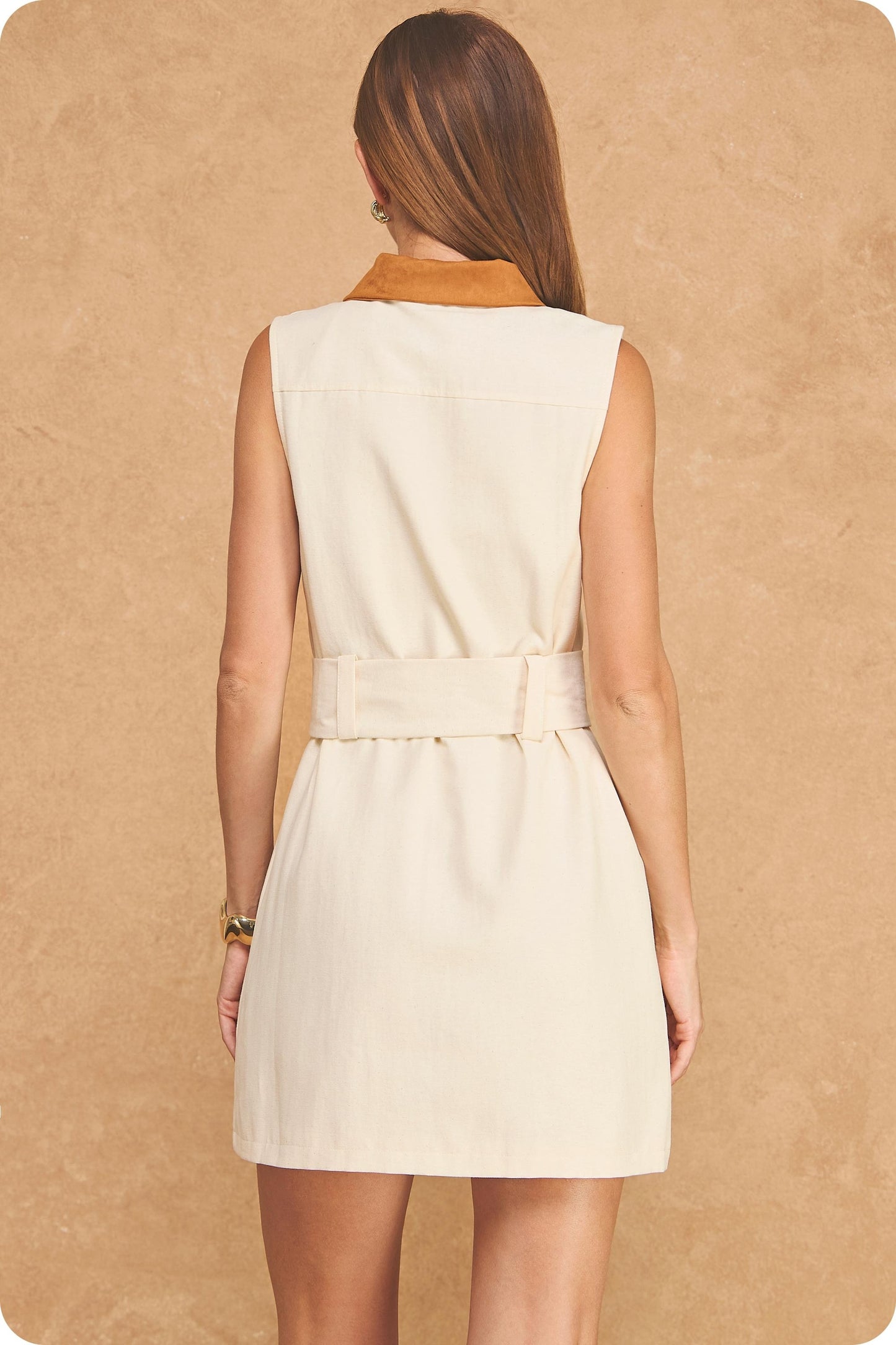 Twill And Suede Contrast Zip-front Belted Mini Dress