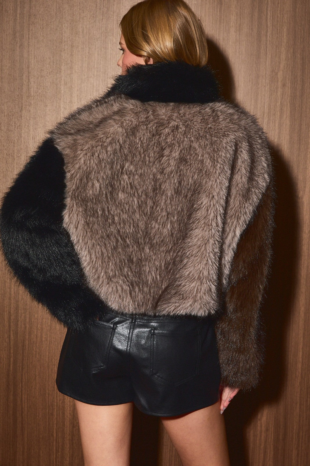 Contrast Colorblock Faux Fur Zip Jacket