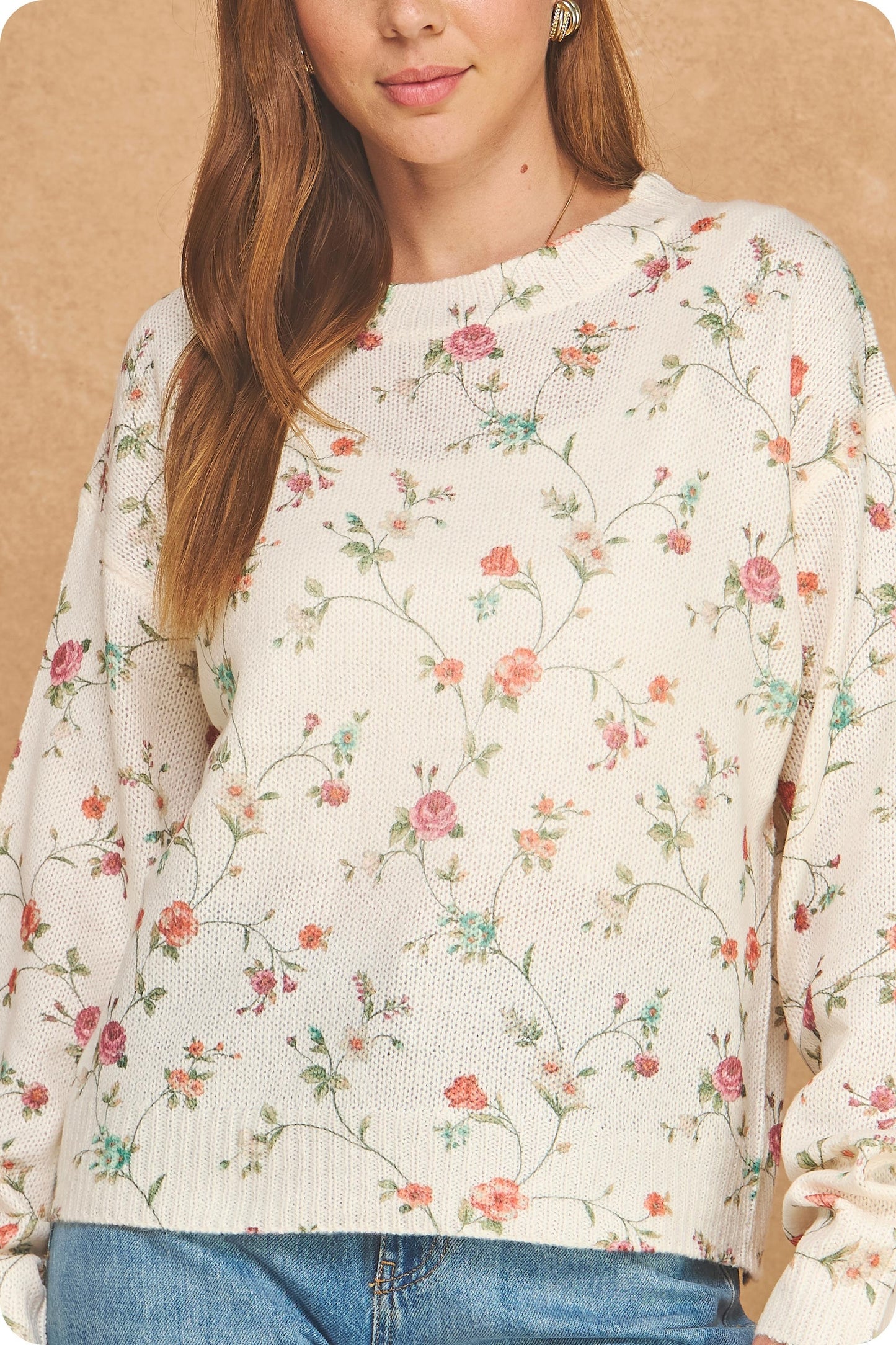 Botanical Floral Print Knit Pullover Sweater