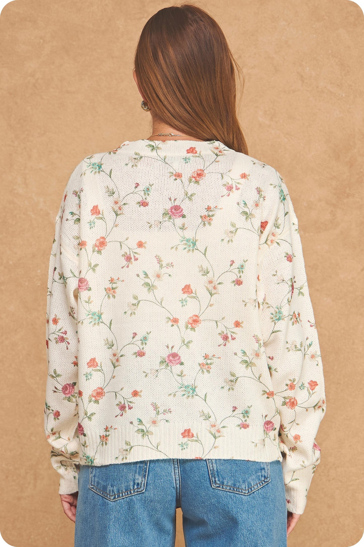 Botanical Floral Print Knit Pullover Sweater