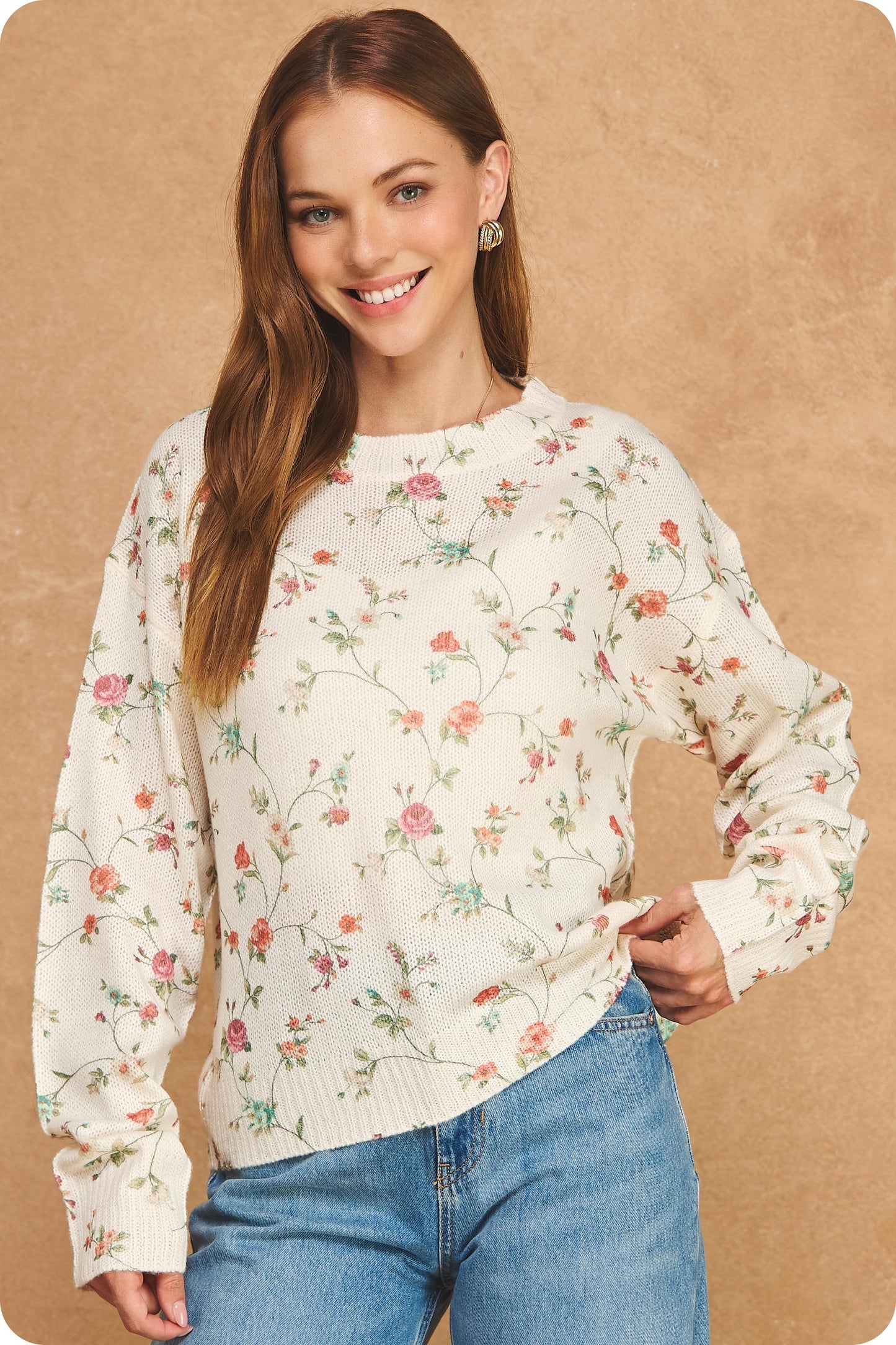 Botanical Floral Print Knit Pullover Sweater