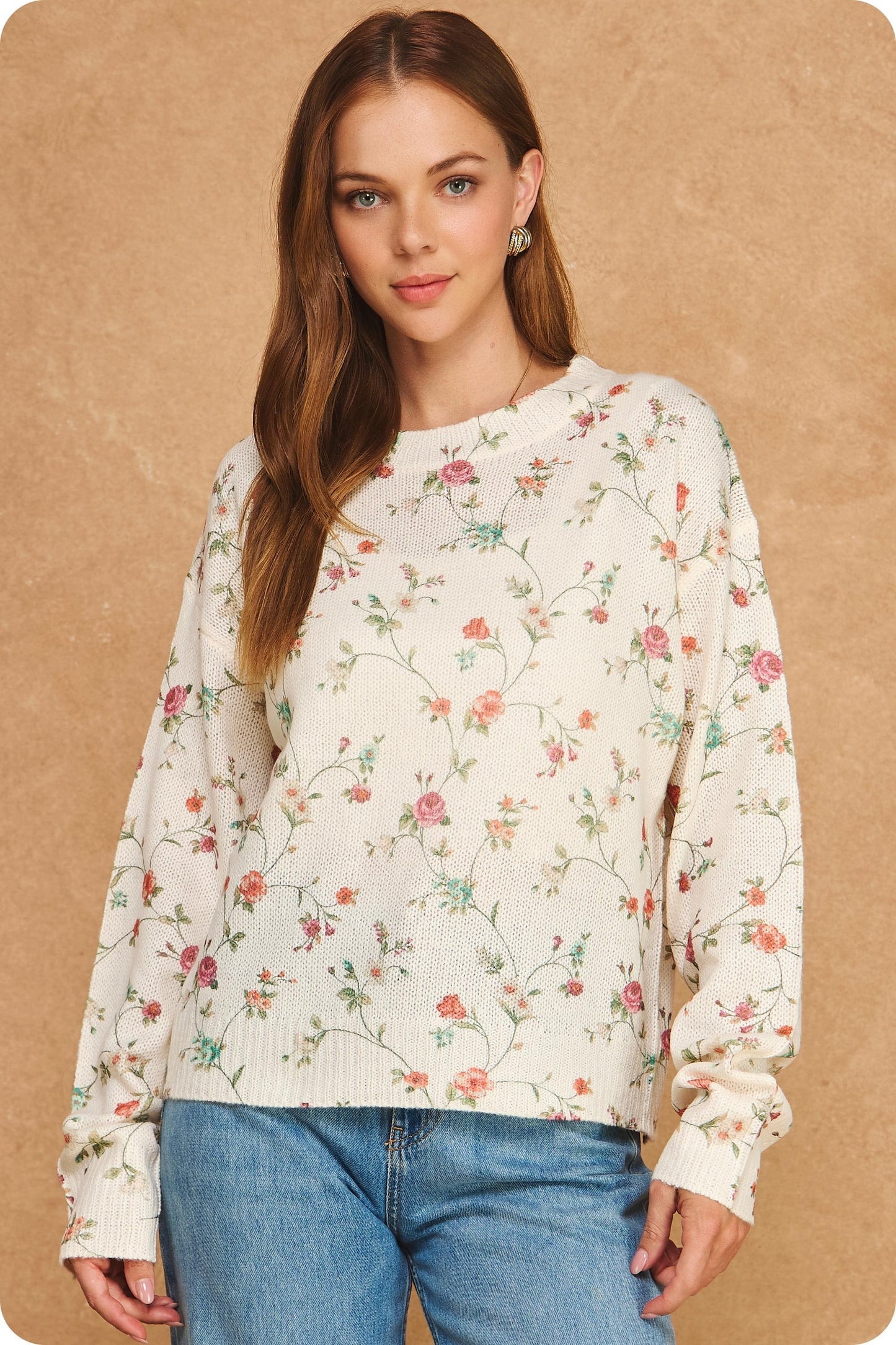 Botanical Floral Print Knit Pullover Sweater