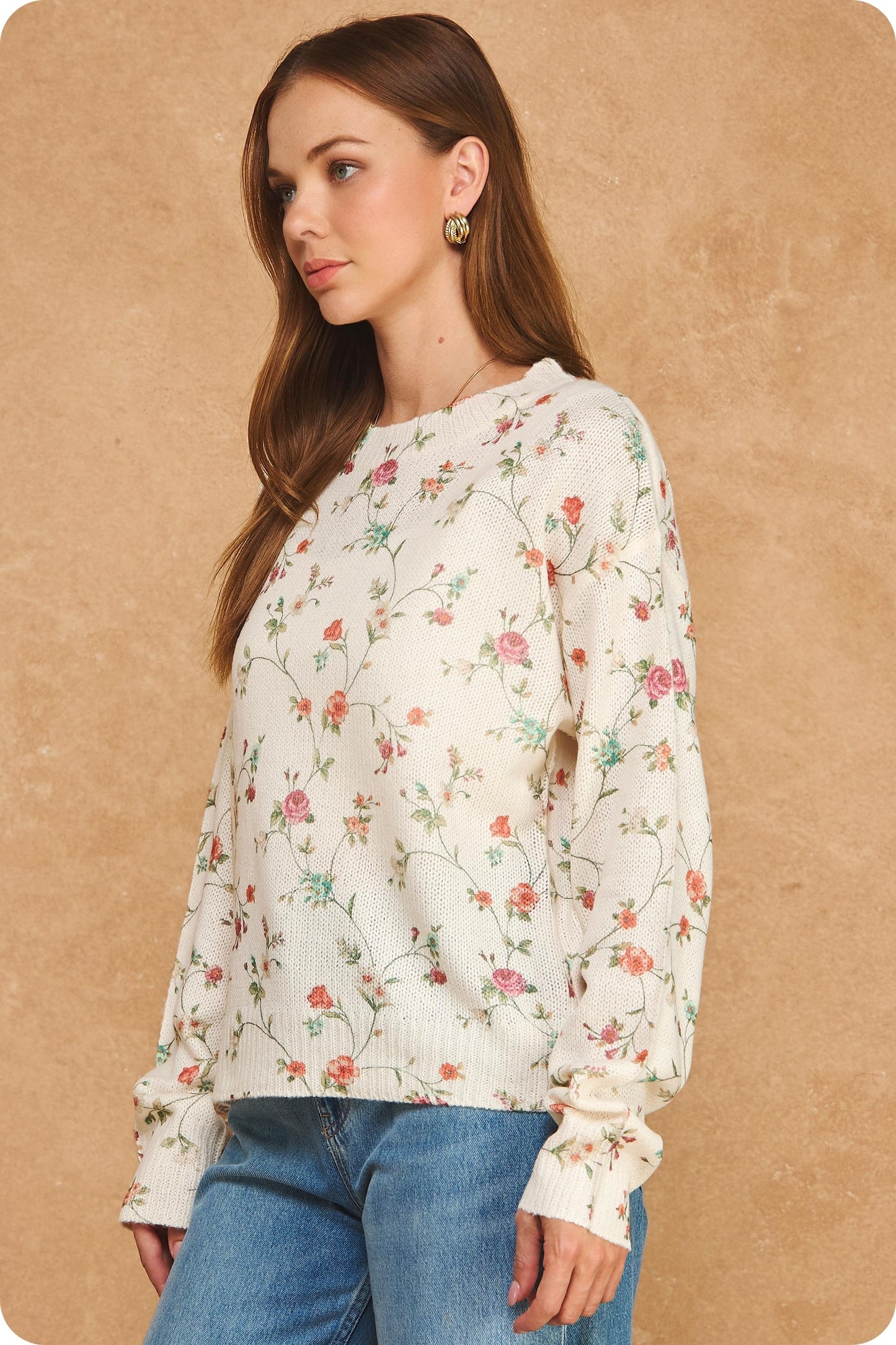 Botanical Floral Print Knit Pullover Sweater