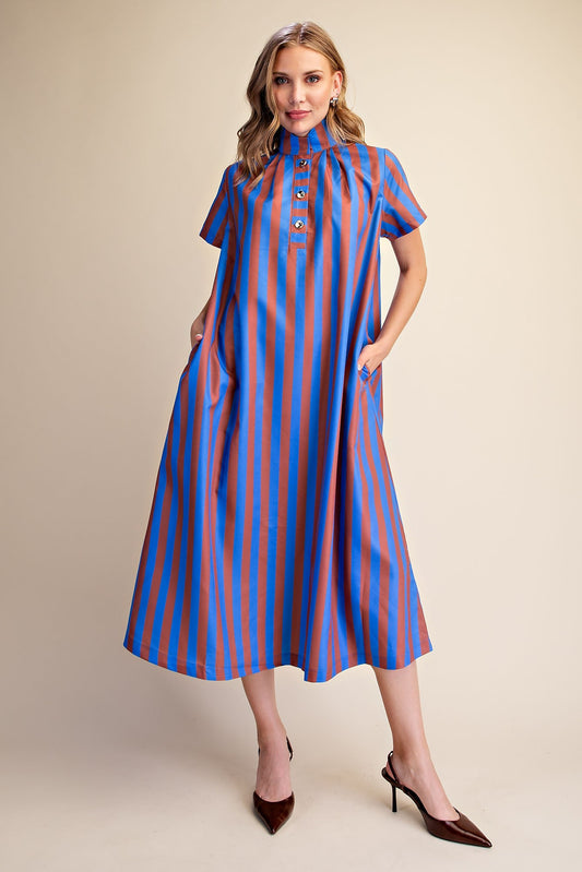 Royal Stand High Neck Stripe Midi Dress