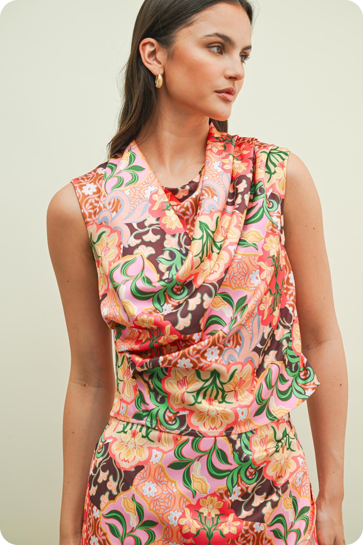 Garden Party Draped Sleeveless Satin Top