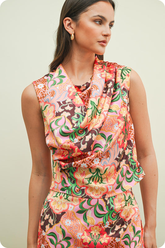 Garden Party Draped Sleeveless Satin Top