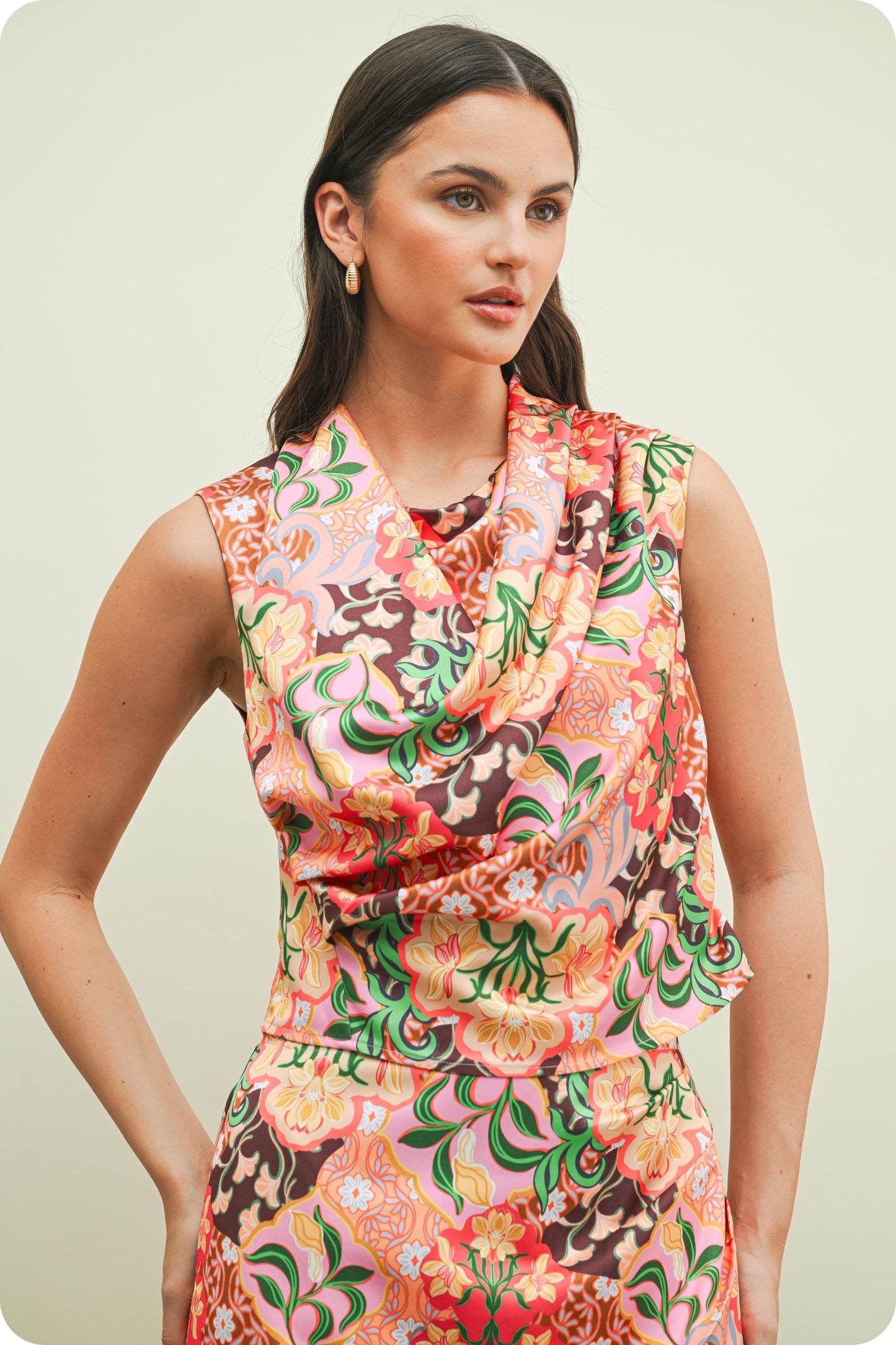 Garden Party Draped Sleeveless Satin Top