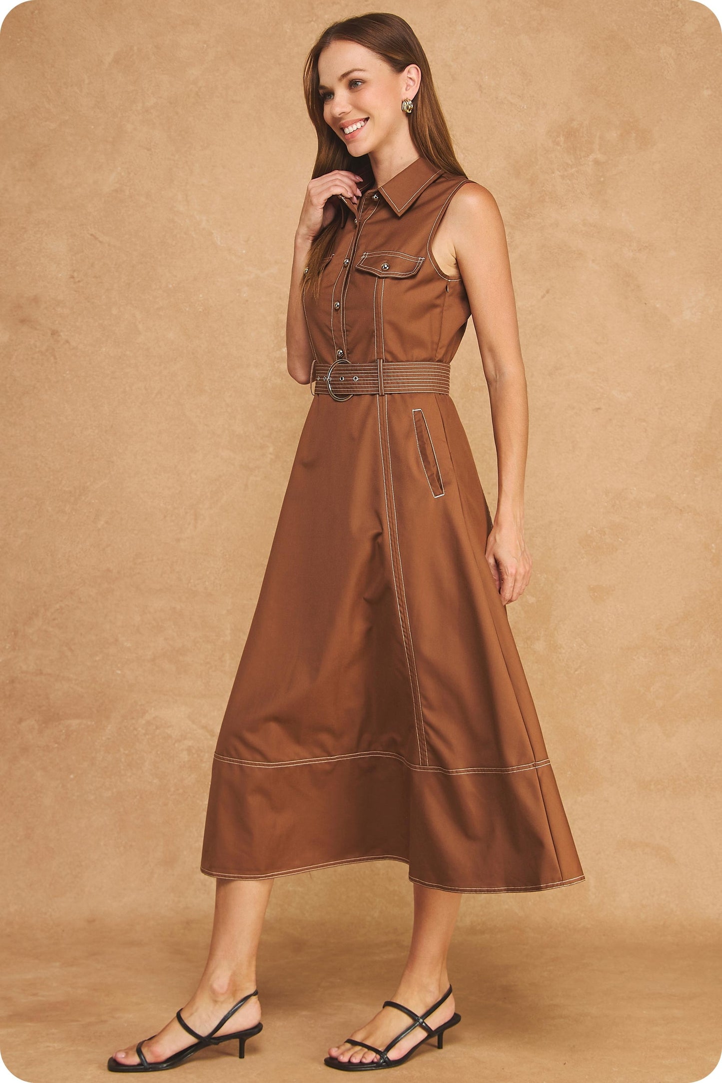 Sleeveless Belted Top Stitch Utility Midi Shirt Dress