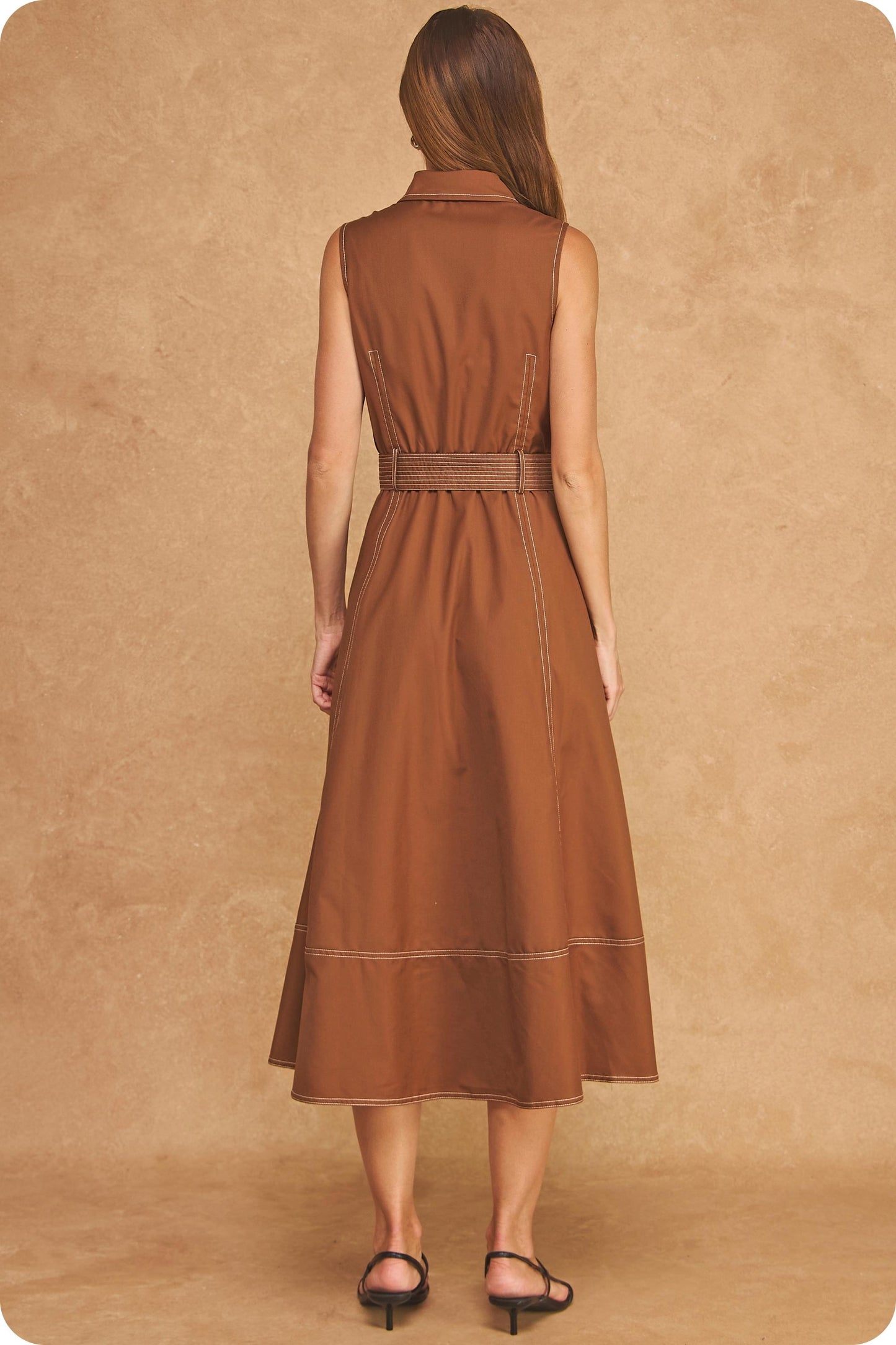 Sleeveless Belted Top Stitch Utility Midi Shirt Dress