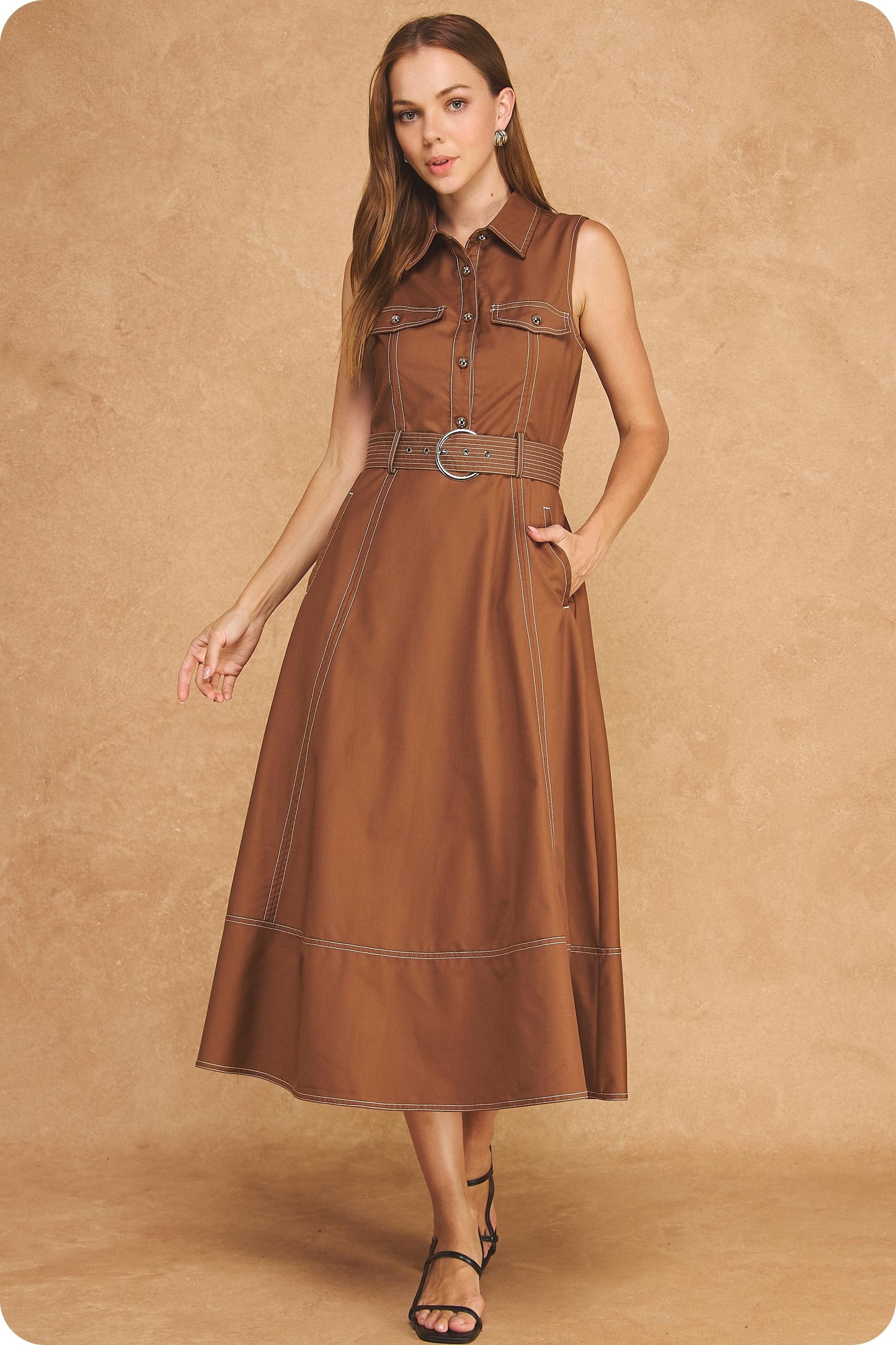 Sleeveless Belted Top Stitch Utility Midi Shirt Dress