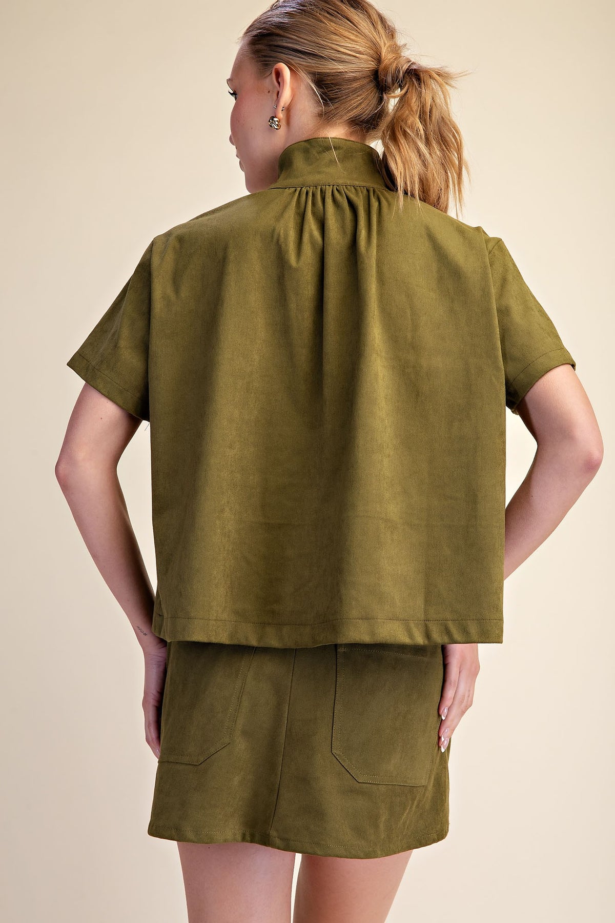 Stand Collar Short Sleeve Shirt - Olive