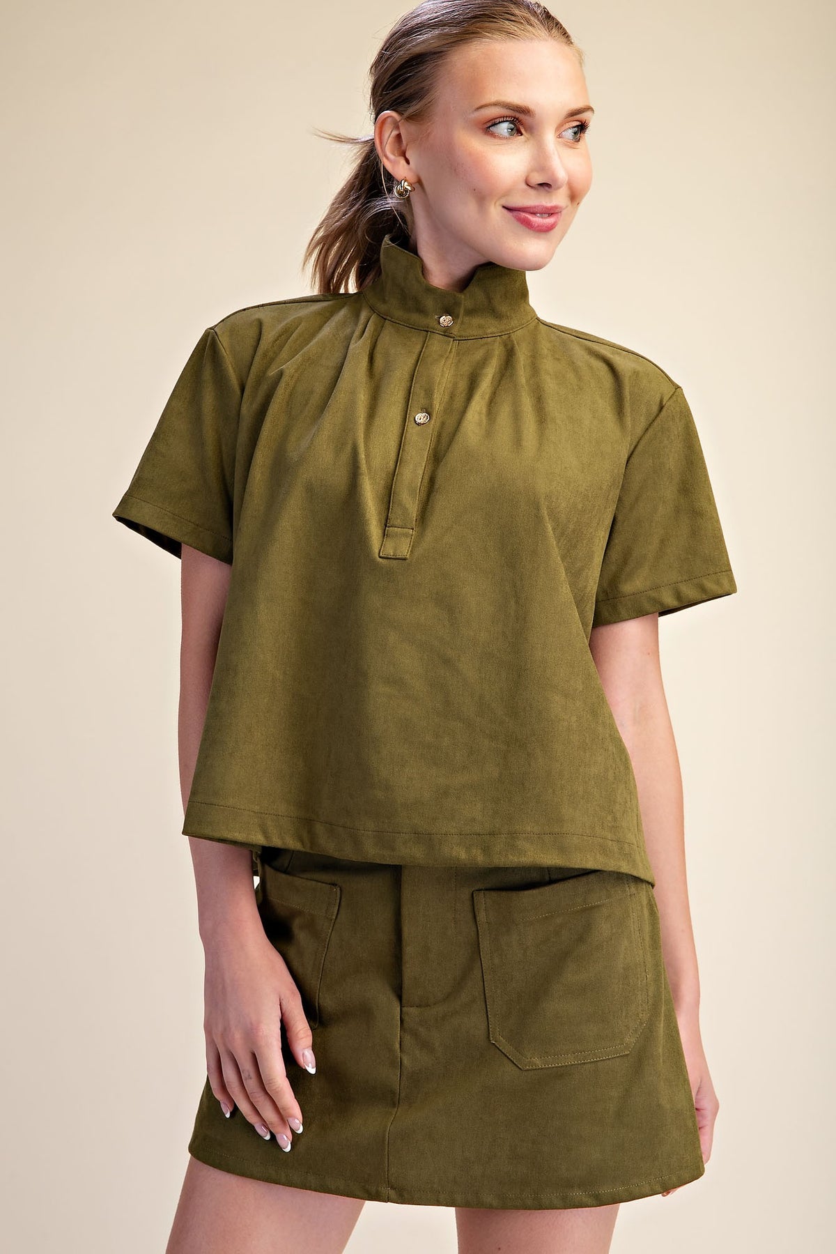 Stand Collar Short Sleeve Shirt - Olive