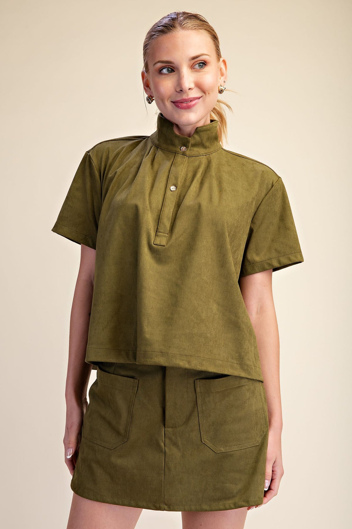 Stand Collar Short Sleeve Shirt - Olive