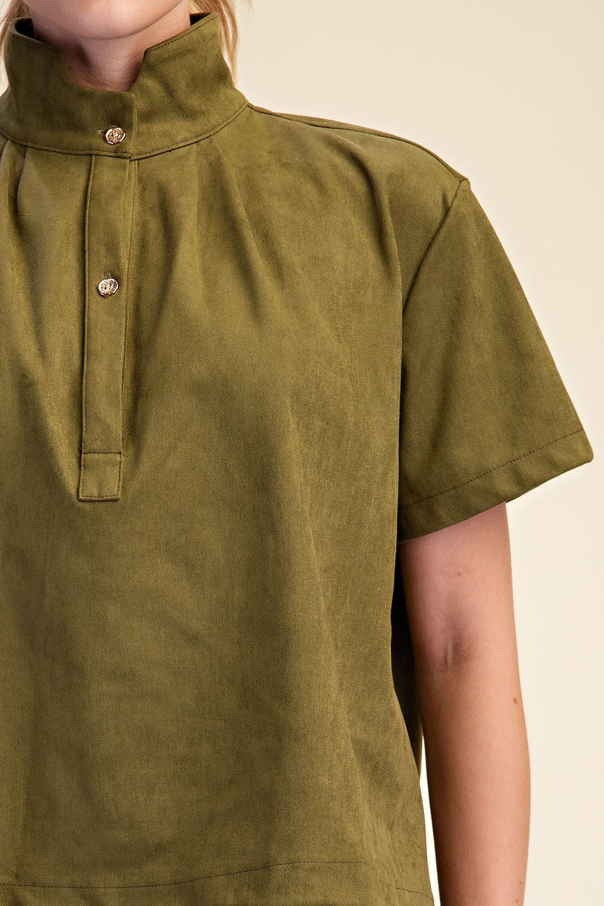 Stand Collar Short Sleeve Shirt - Olive