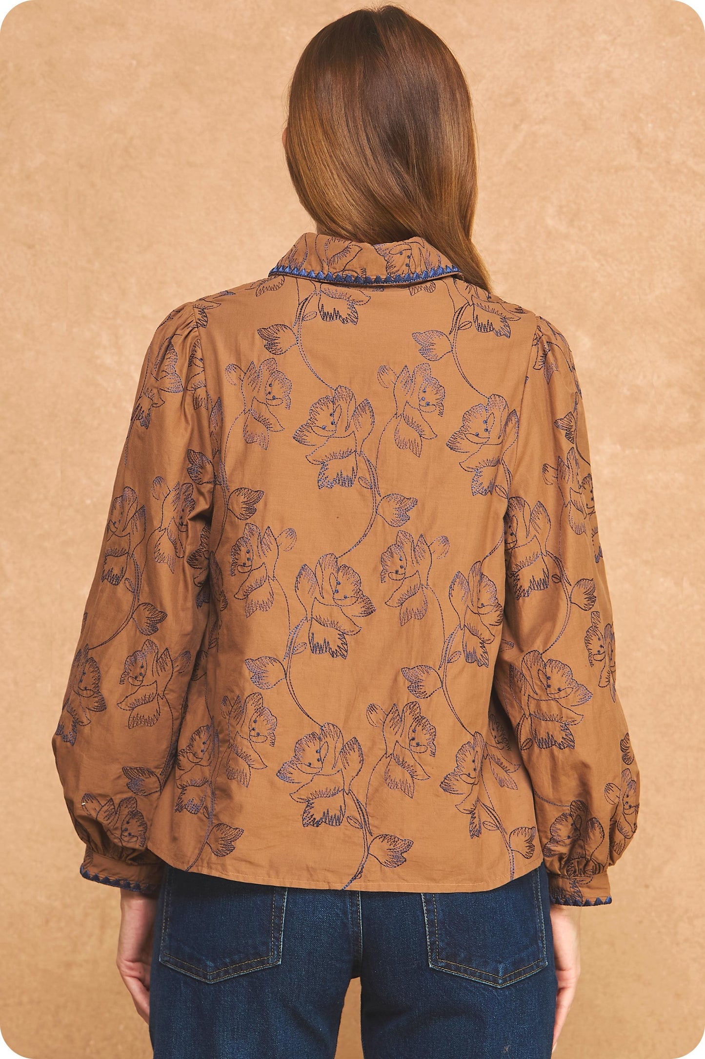 Camel Floral Embroidered Top