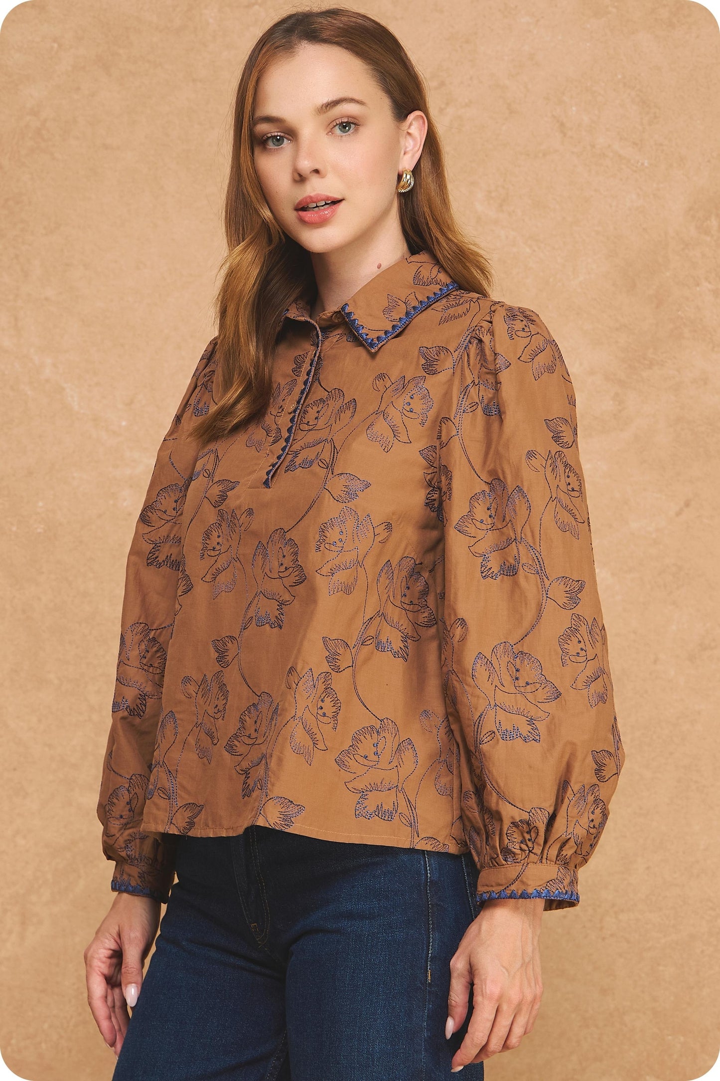 Camel Floral Embroidered Top