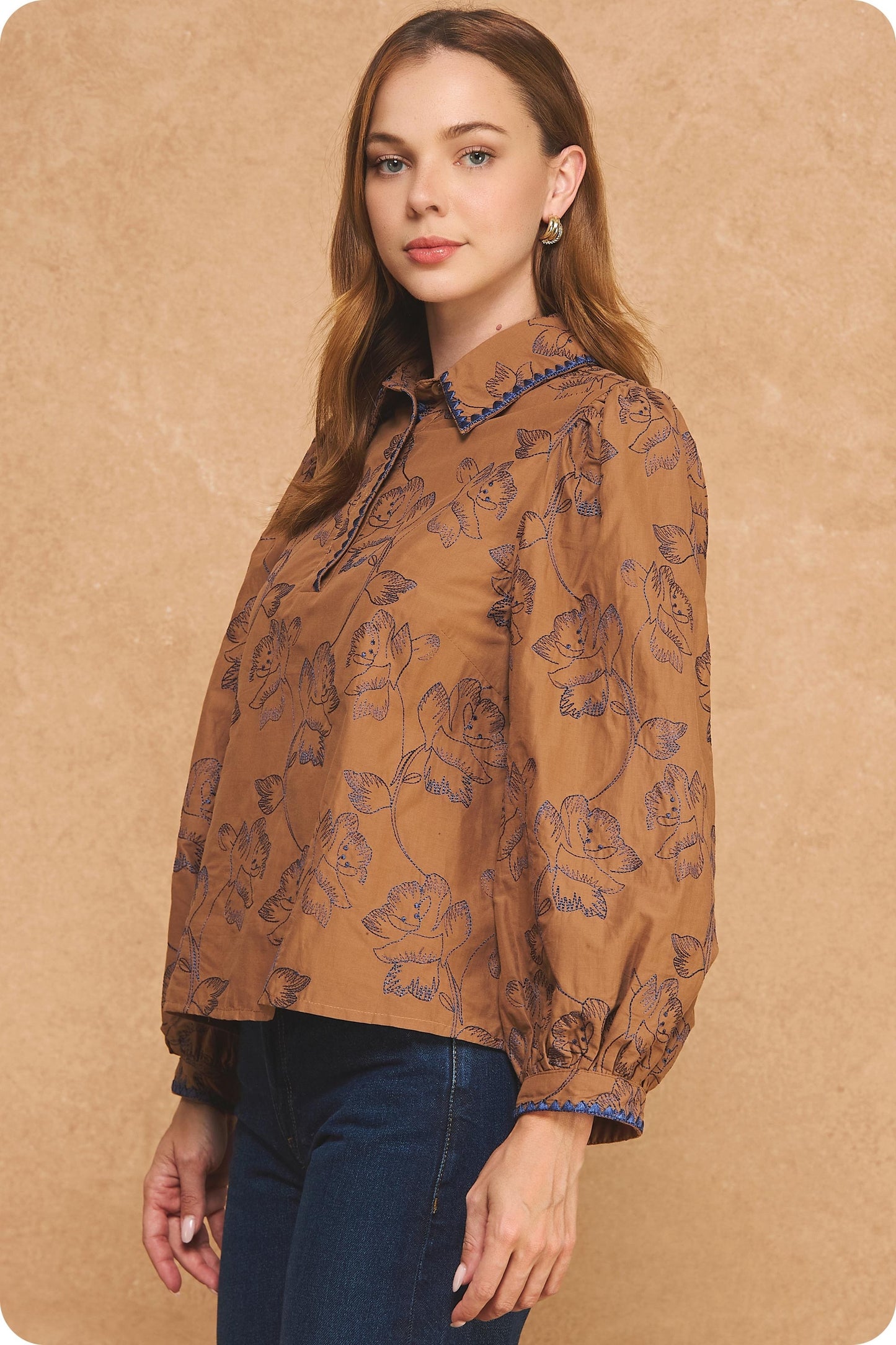 Camel Floral Embroidered Top