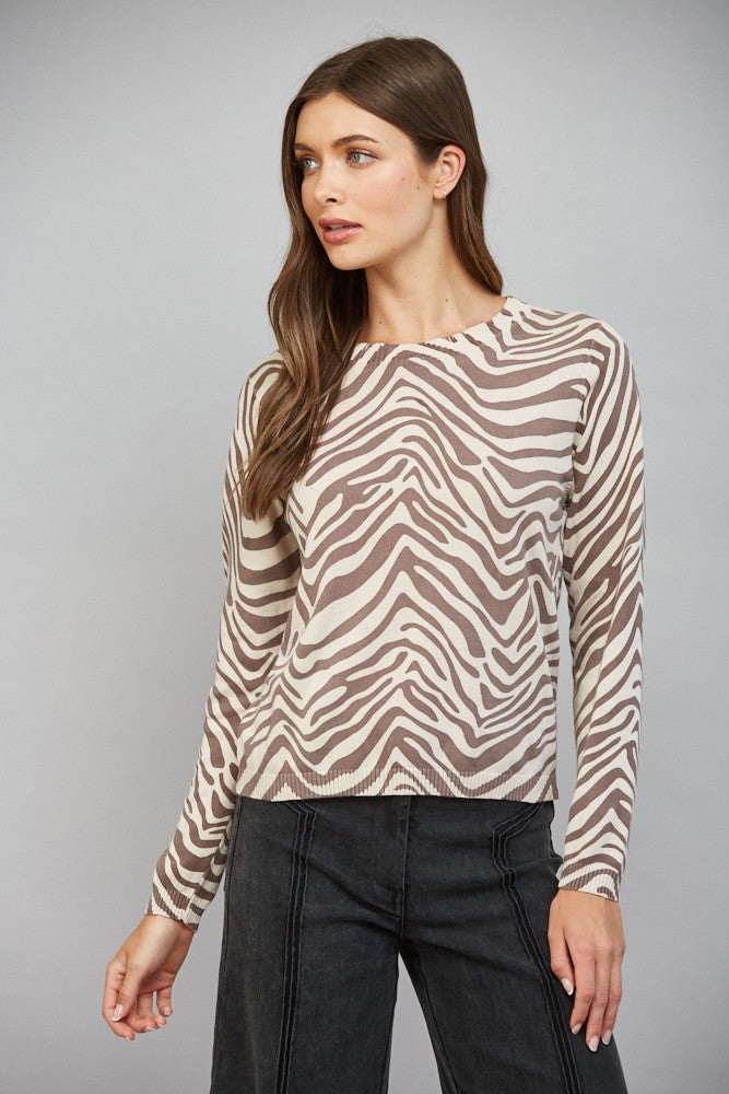 Animal Print Crew Neckline Lightweight Sweater