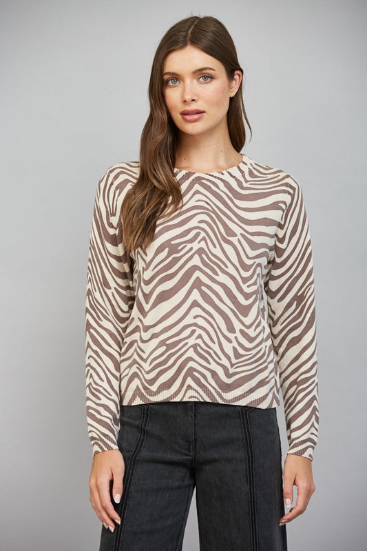 Animal Print Crew Neckline Lightweight Sweater