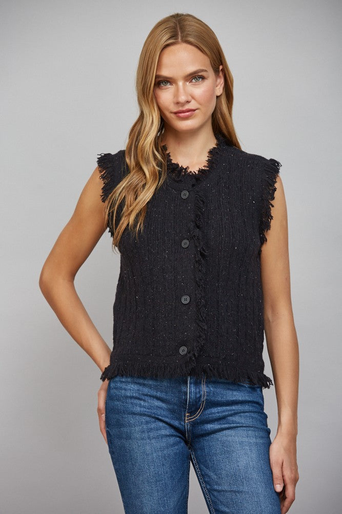Fringe Trimmed Lurex Mixed Yarn Knit Vest - Black