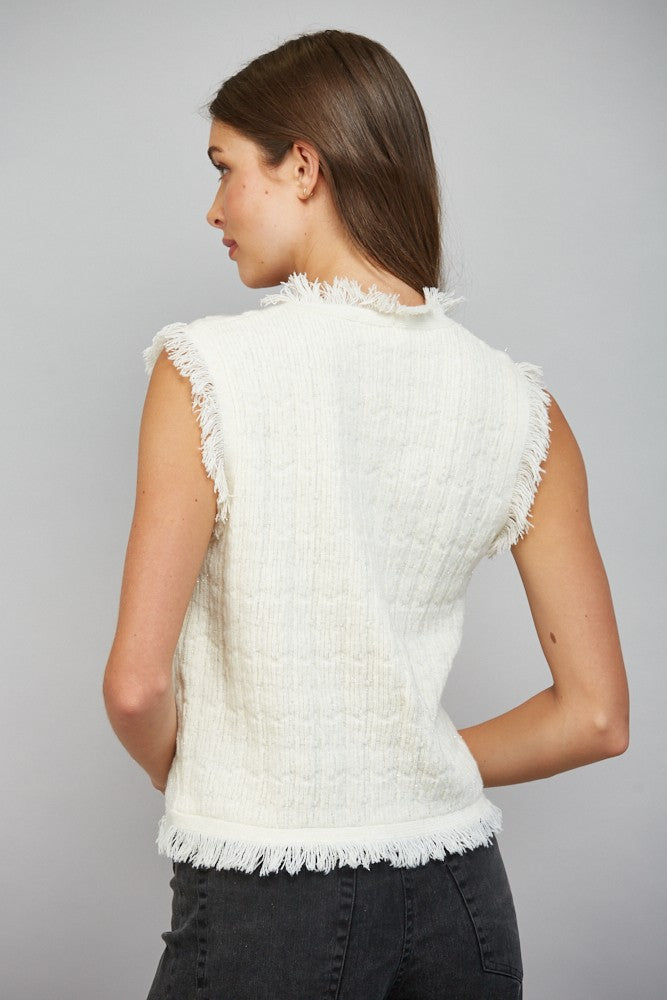 Fringe Trimmed Lurex Mixed Yarn Knit Vest - Cream