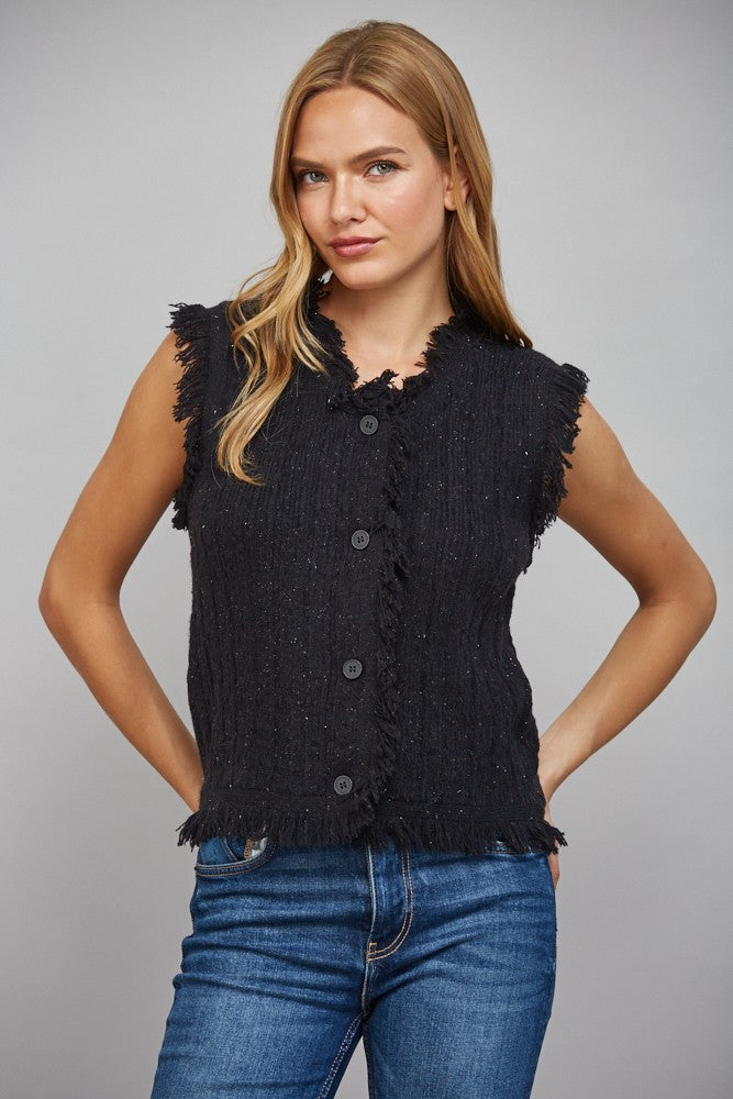 Fringe Trimmed Lurex Mixed Yarn Knit Vest - Black