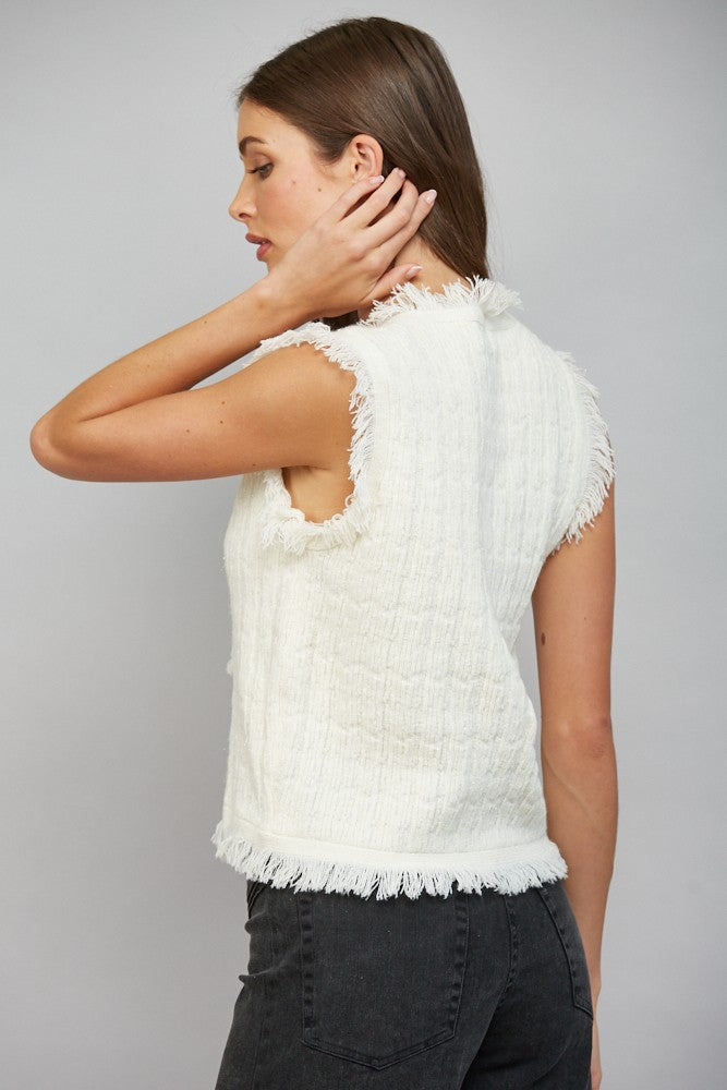 Fringe Trimmed Lurex Mixed Yarn Knit Vest - Cream