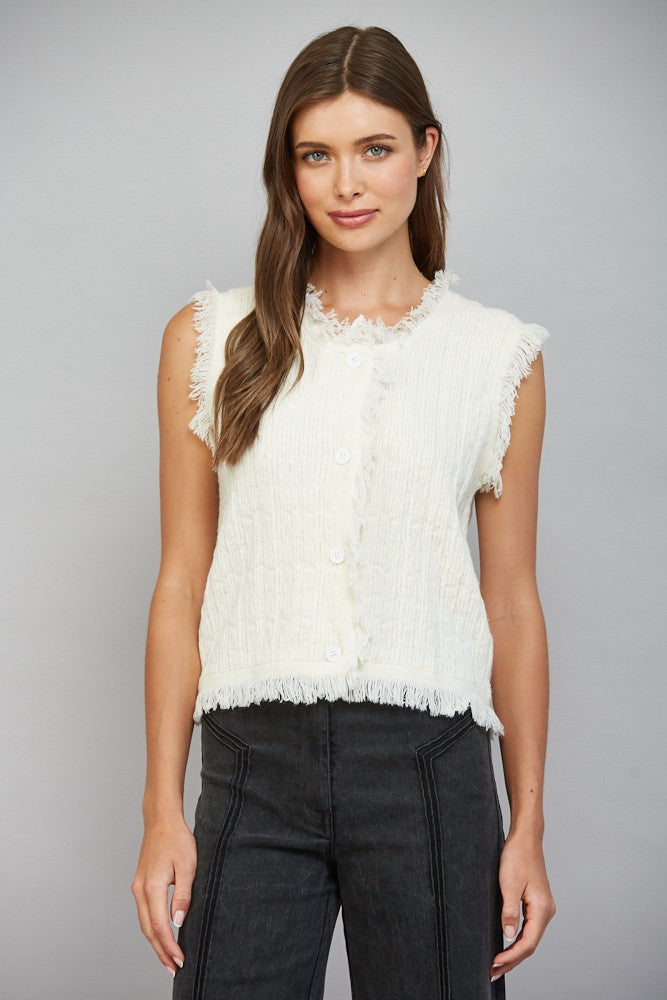 Fringe Trimmed Lurex Mixed Yarn Knit Vest - Cream