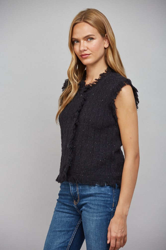 Fringe Trimmed Lurex Mixed Yarn Knit Vest - Black