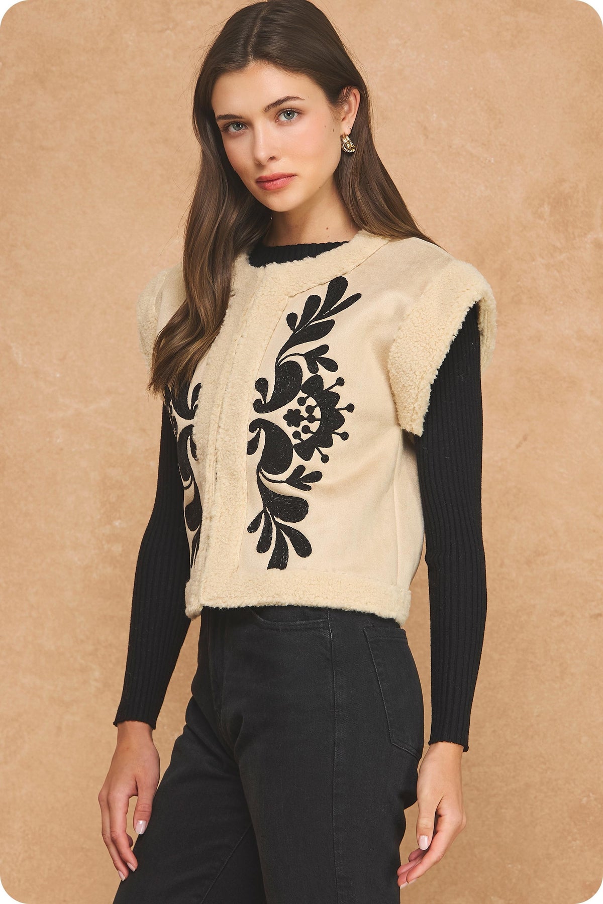 Floral Embroidered Faux Suede Sherpa Vest