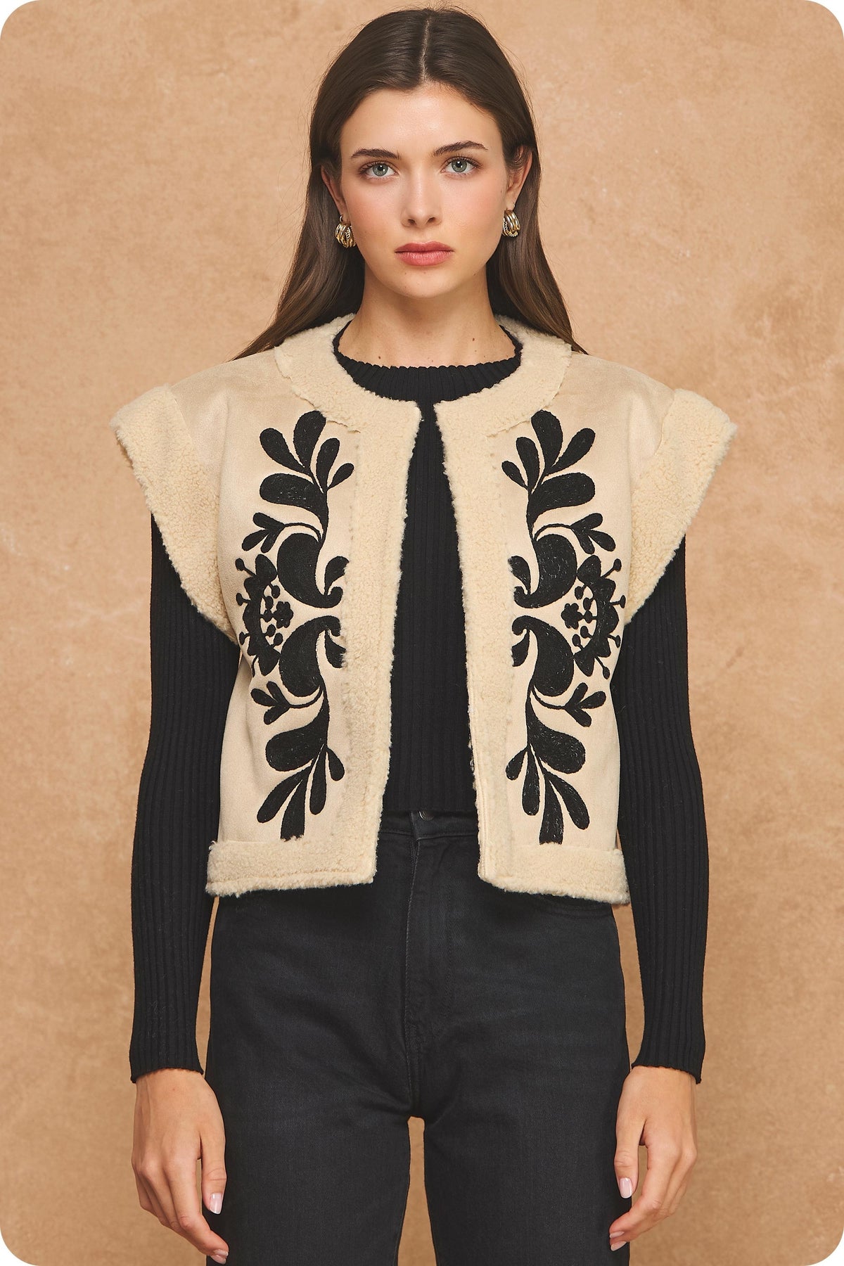 Floral Embroidered Faux Suede Sherpa Vest