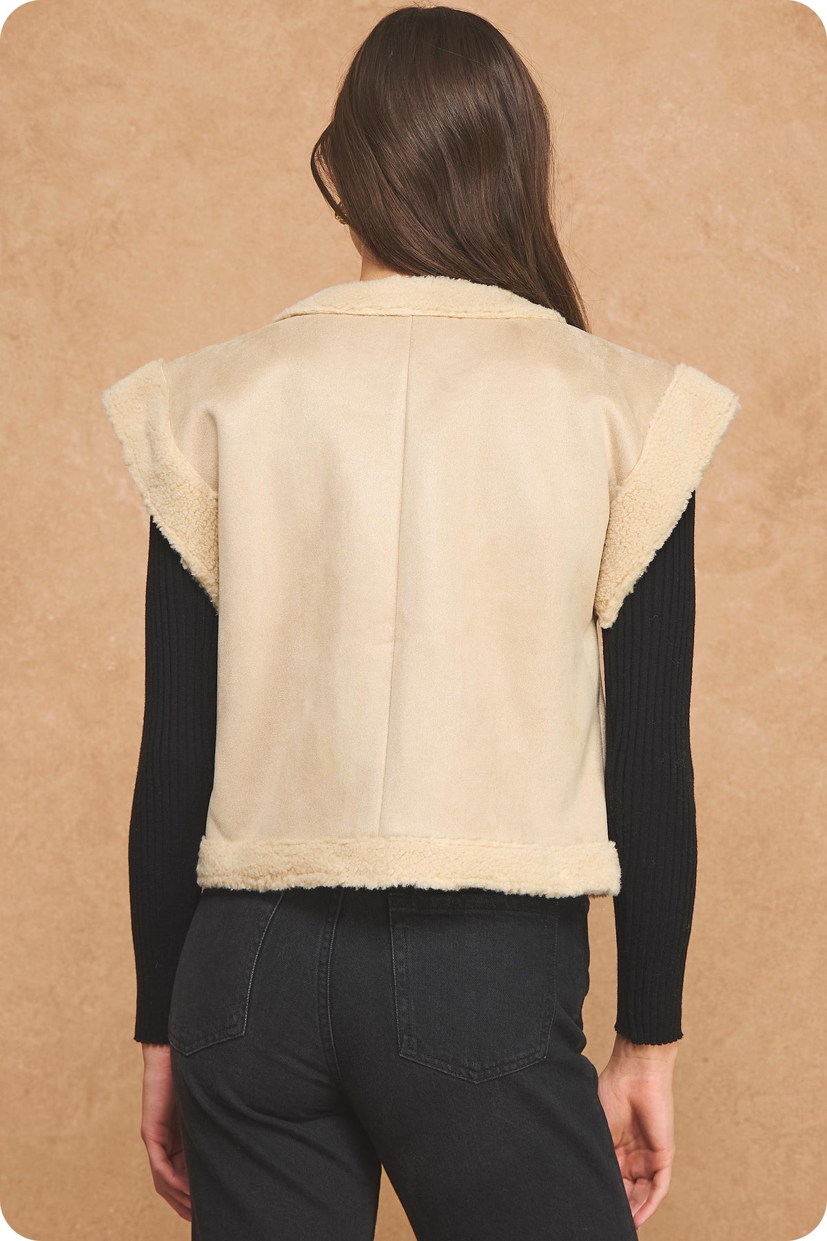 Floral Embroidered Faux Suede Sherpa Vest