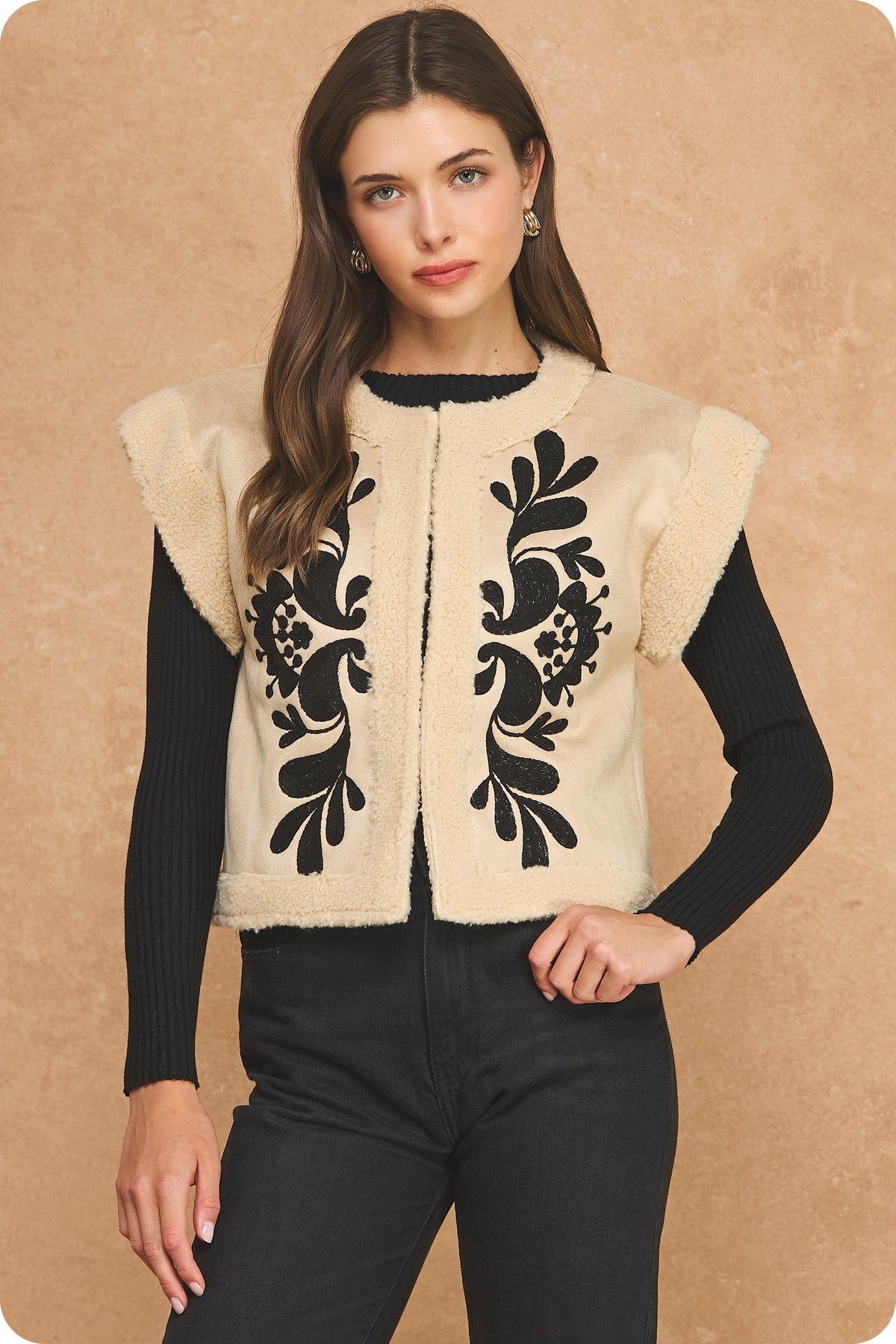 Floral Embroidered Faux Suede Sherpa Vest