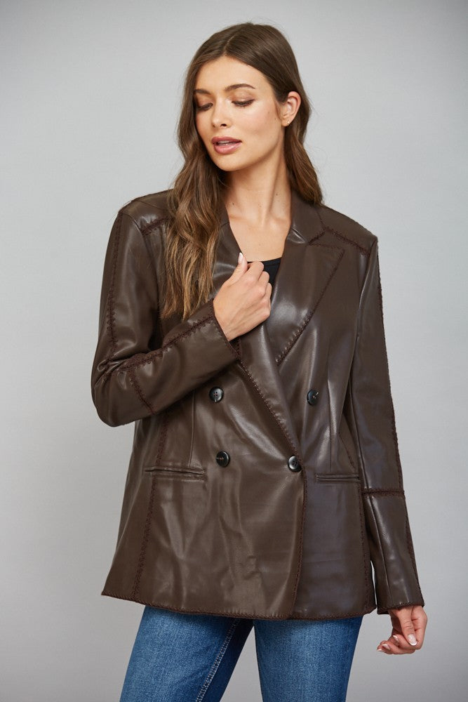 Crochet Stitch Detail Double Breasted Faux Leather Blazer